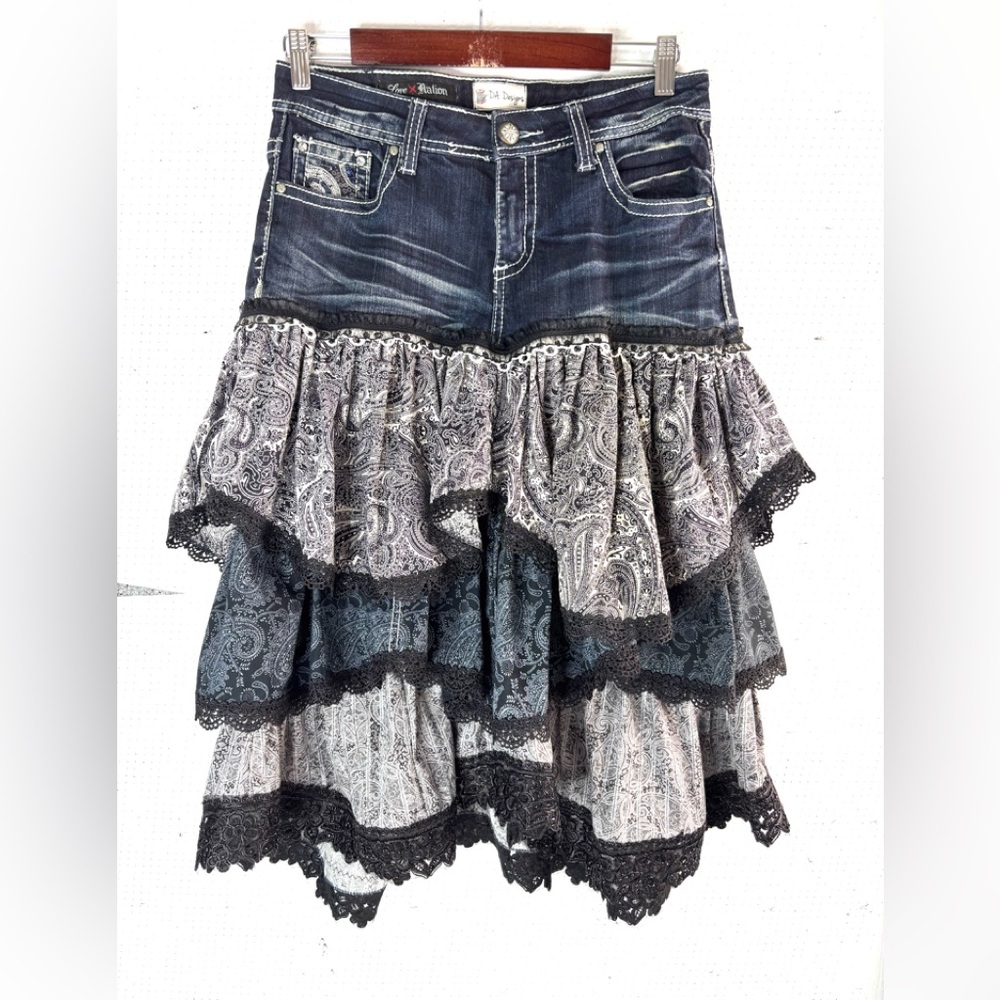 Love Nation 6 Western Cowgirl Rich Layered Denim Black Lace Skirt Slip